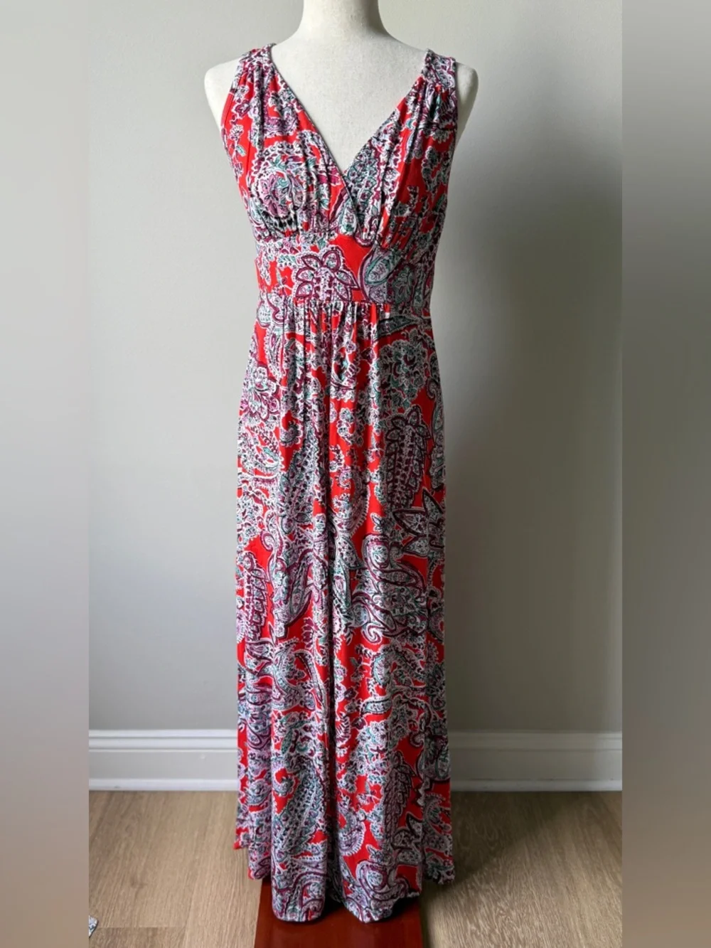 Loveappella Red Paisley Sleeveless V-Neck Boho Maxi Dress - Picture 1 of 6